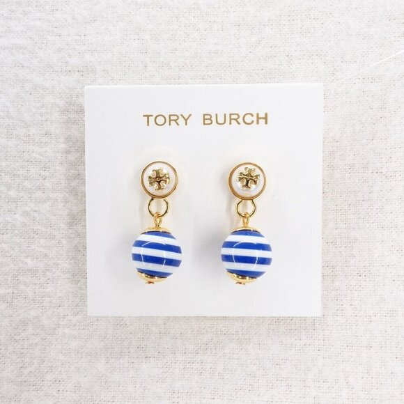 Tory Burch Saher Logo Drop Earrings Blue and White OS - Picture 1 of 14